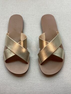 NWOB J Crew Factory SZ 6 Metallic Gold Crisscross Women’s Slide Sandals